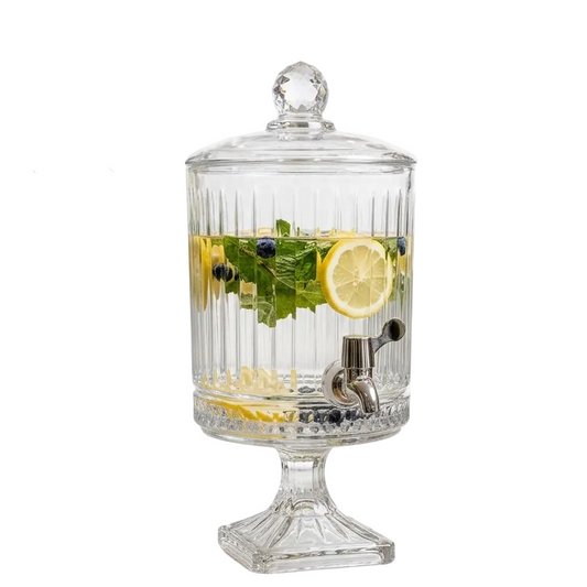 Transparent 4.5 liter drink dispenser with glass lid and pedestal base