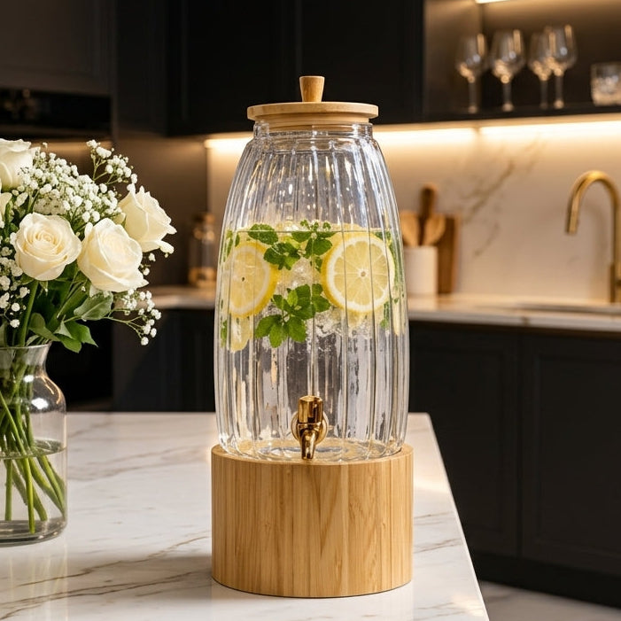 4.5L ribbed glass water dispenser filled with lemon slices and mint on a wooden stand