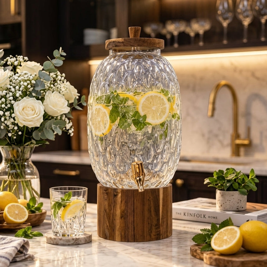 4.5 liter textured glass beverage dispenser on a wooden stand with brass tap