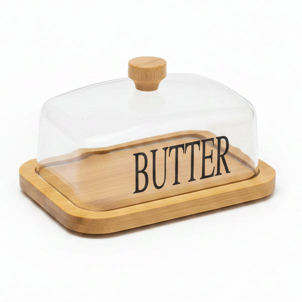 Clear glass butter dish with natural bamboo wooden tray printed with BUTTER