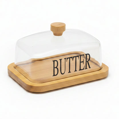 Clear glass butter dish with natural bamboo wooden tray printed with BUTTER