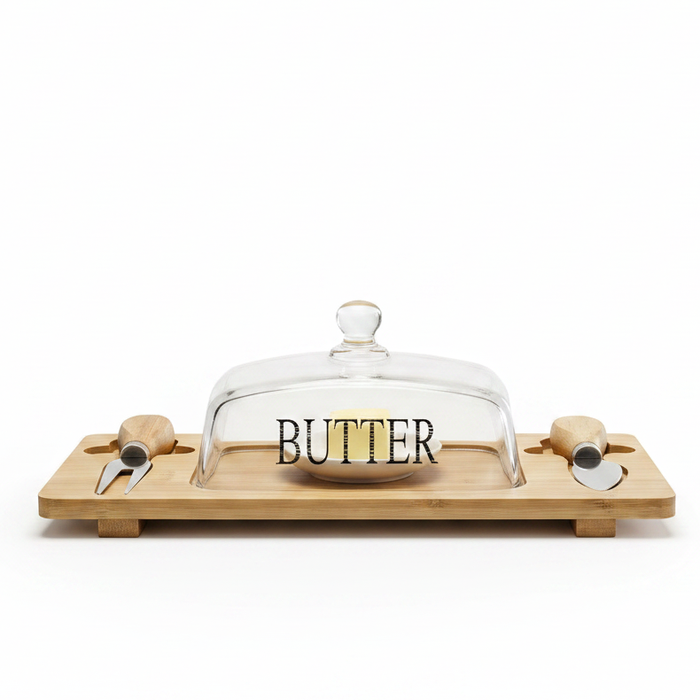 Luxury glass butter dish set with wooden tray and serving knives on a glass table
