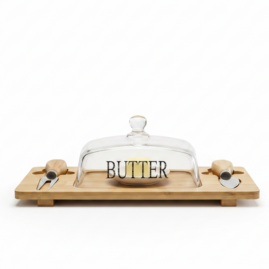 Luxury glass butter dish set with wooden tray and serving knives on a glass table