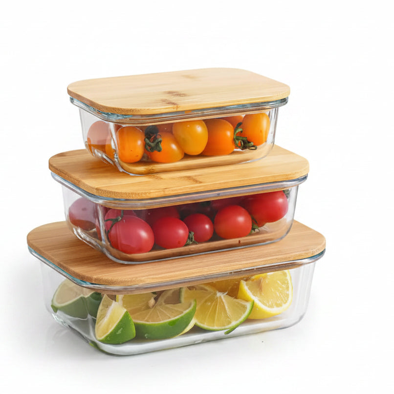 Set of three rectangular high borosilicate glass lunch boxes stacked with natural bamboo lids.