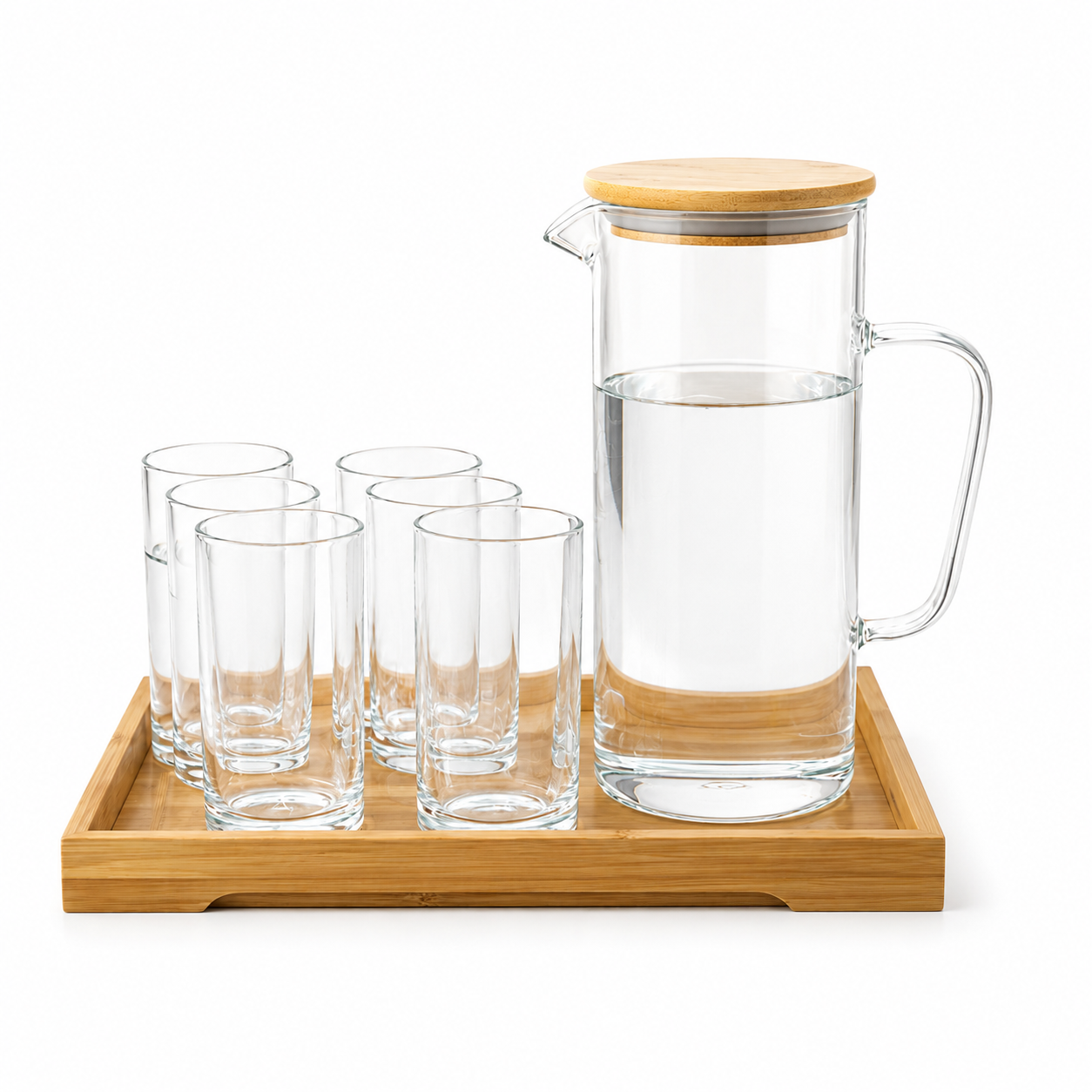 Clear glass pitcher jug with bamboo lid and 6 matching glasses on a wooden tray