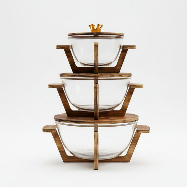 Set of 3 separate clear glass serving bowls stacked with individual wooden stands on a kitchen island