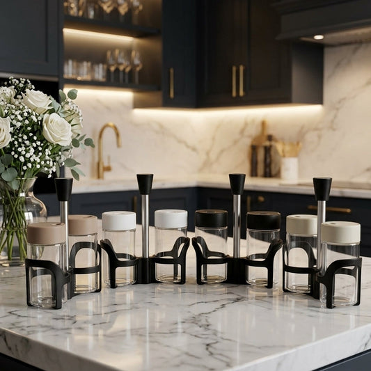 2-piece clear glass spice jar set arranged on a black holder on a white marble kitchen countertop