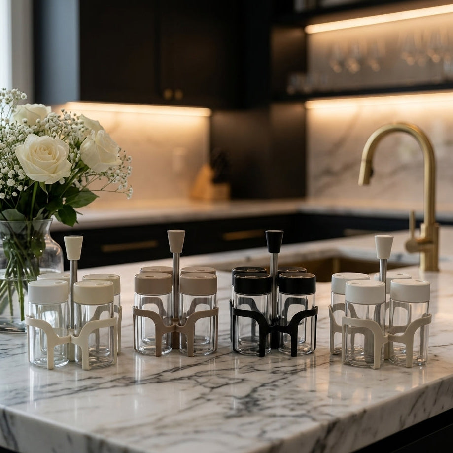 Close-up of a 4-piece clear glass spice jar set with a beige holding rack and lids.