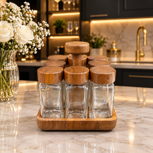 Wooden lid glass spice jar set with rack displayed on a marble countertop, featuring eight jars with wooden lids.