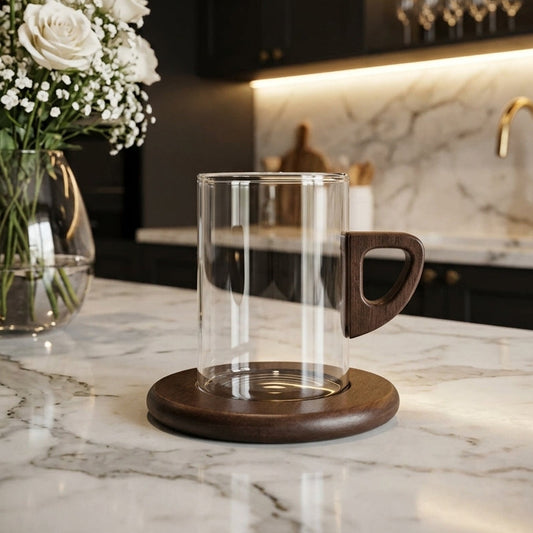 Clear borosilicate glass tea mug resting on a dark wooden saucer with a wooden handle