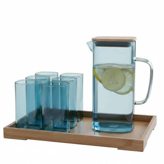 Set of 6 square clear drinking glass tumblers arranged on a wooden serving tray