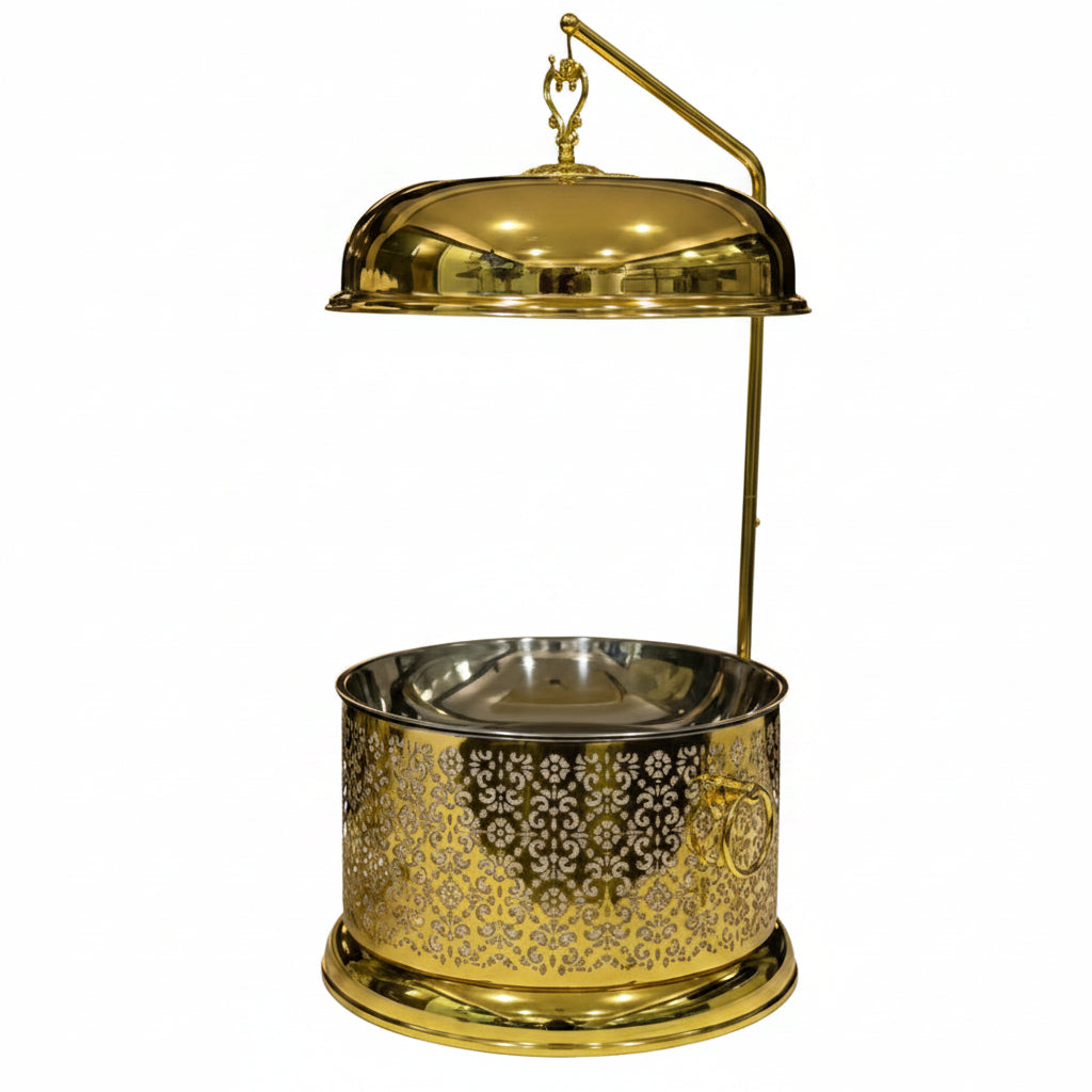 8L gold chafing dish set with carved design base placed on a marble table