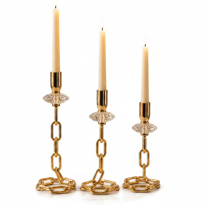 Three pieces of majestic gold crystal candle stands displayed together as a luxury home decor set.