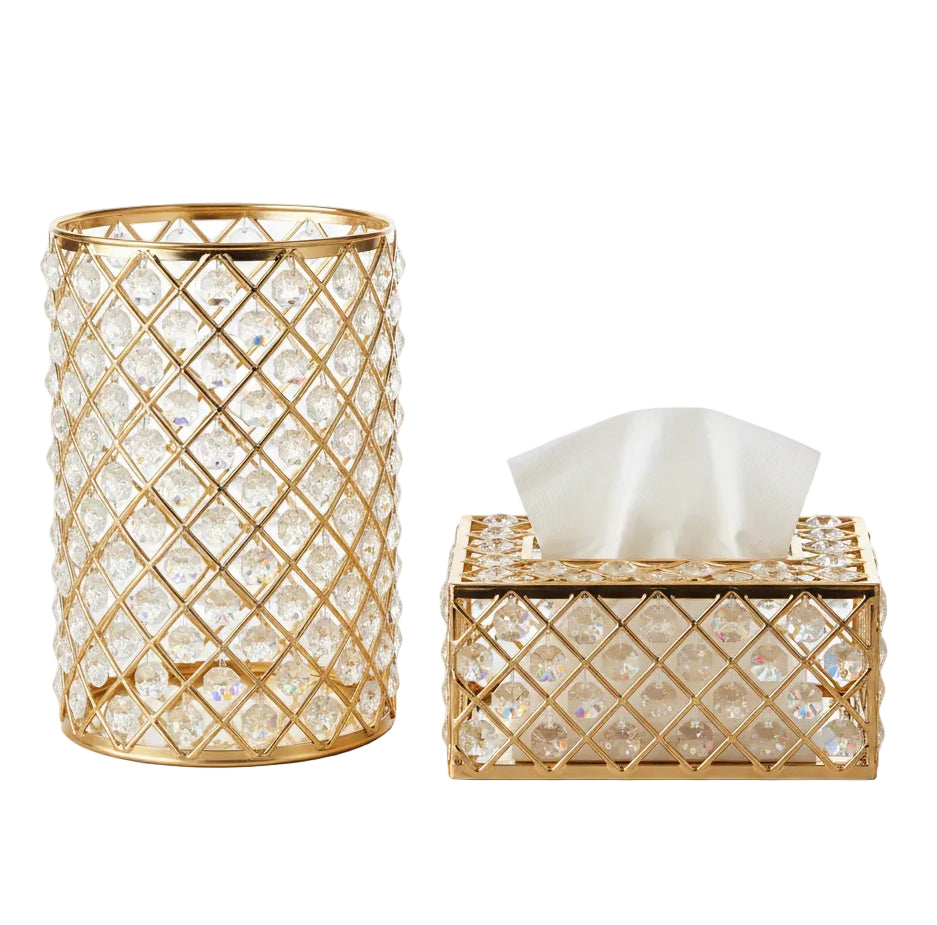 Luxury gold metal crystal dustbin and matching rectangular tissue box set on a table