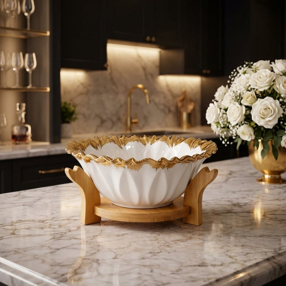 Luxury 24cm white ceramic fruit bowl with fluted gold rim on a wooden stand placed on a marble kitchen island