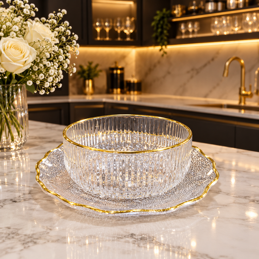 A luxury 6-piece ribbed glass serving bowl and tray set with gold rims displayed on a marble kitchen counter.