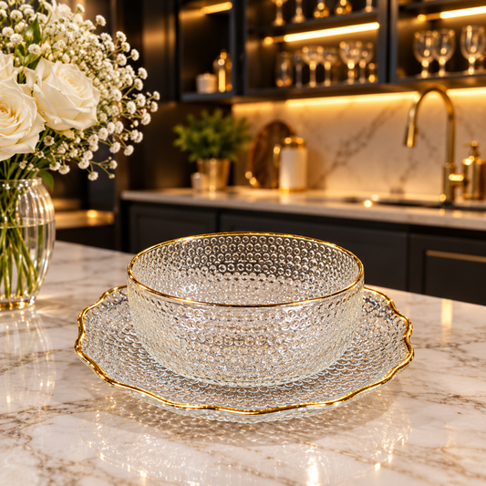 Front view of a 6 pcs glass bowl and plate set with gold rims on a marble kitchen counter