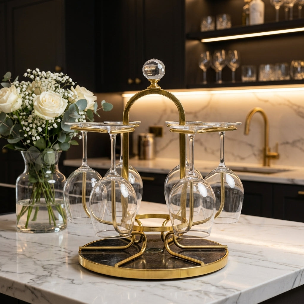 Luxury brass gold wine glass holder stand with 6 clear glass goblets on a marble kitchen counter.