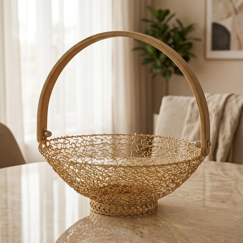Gold wire fruit basket with a smooth wooden handle resting on a marble table