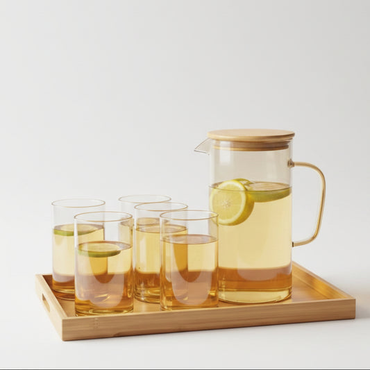 golden glass water pitcher set with bamboo lid and 6 matching cups.