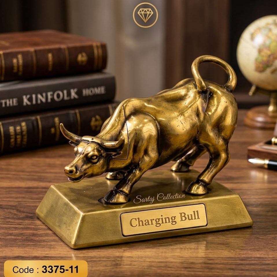 Golden metal charging bull statue decor piece code 3375-11 for office desk