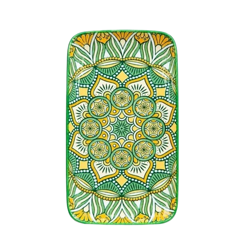 Top view of a rectangular green mandala ceramic serving platter