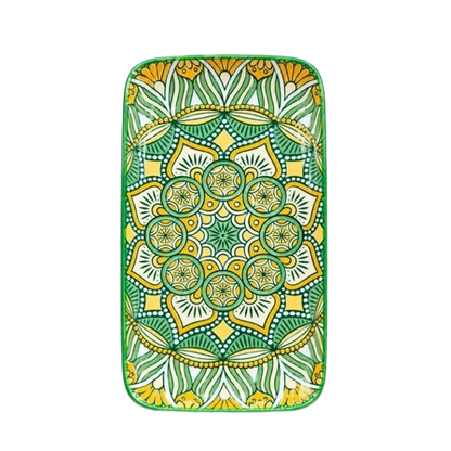 Top view of a rectangular green mandala ceramic serving platter