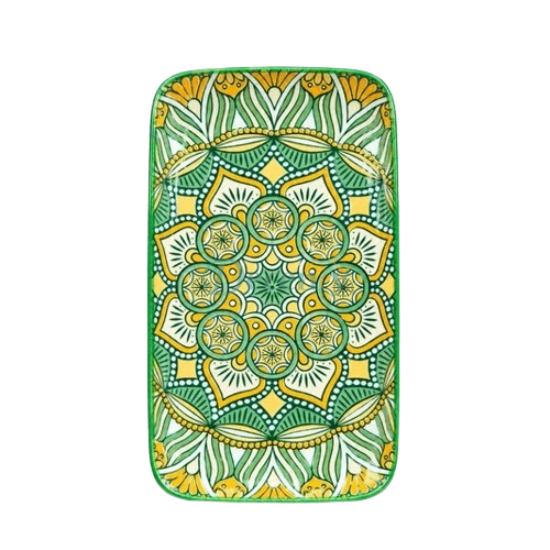 Top view of a rectangular green mandala ceramic serving platter