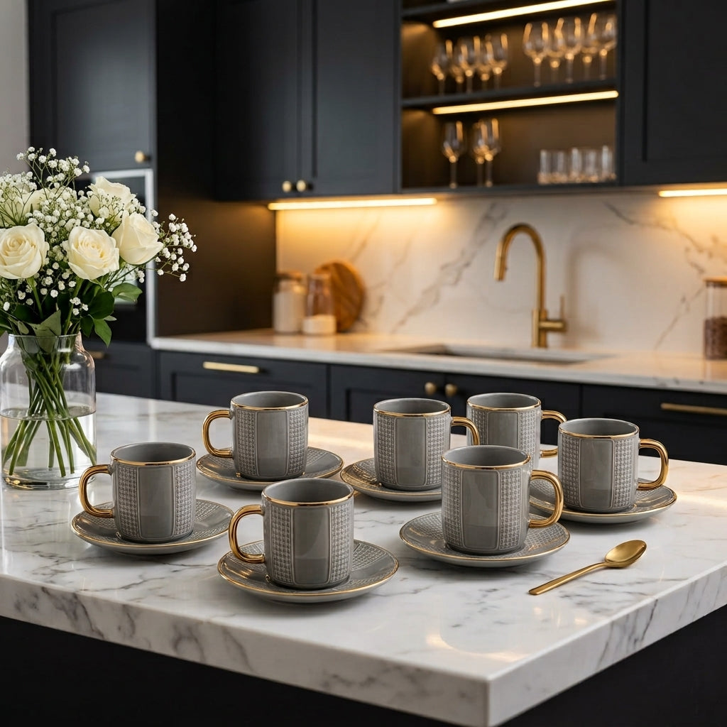 12-piece luxury grey ceramic tea cup and saucer set with gold rims on a marble kitchen counter