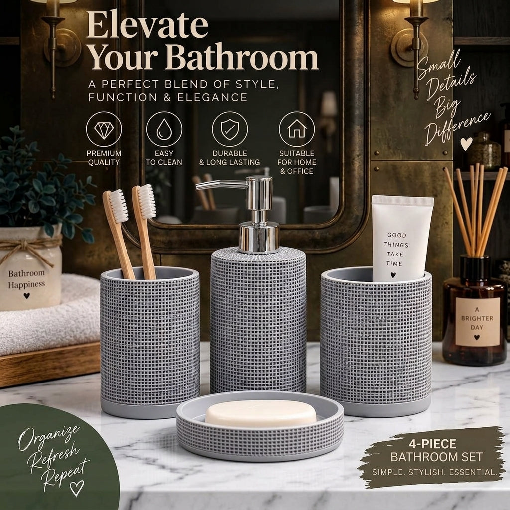 4-piece grey textured bathroom accessories set with dispenser, holders, and tray