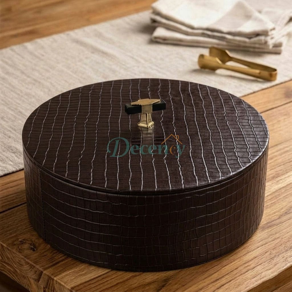 Top-down shot of the open traditional leather hotpot basket designed for fresh chapatis.