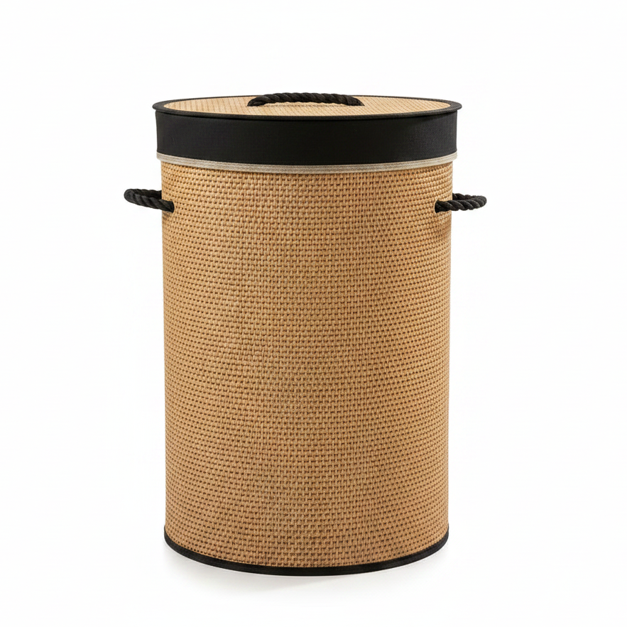 Handwoven round bamboo laundry basket with lid placed in a modern bedroom setting