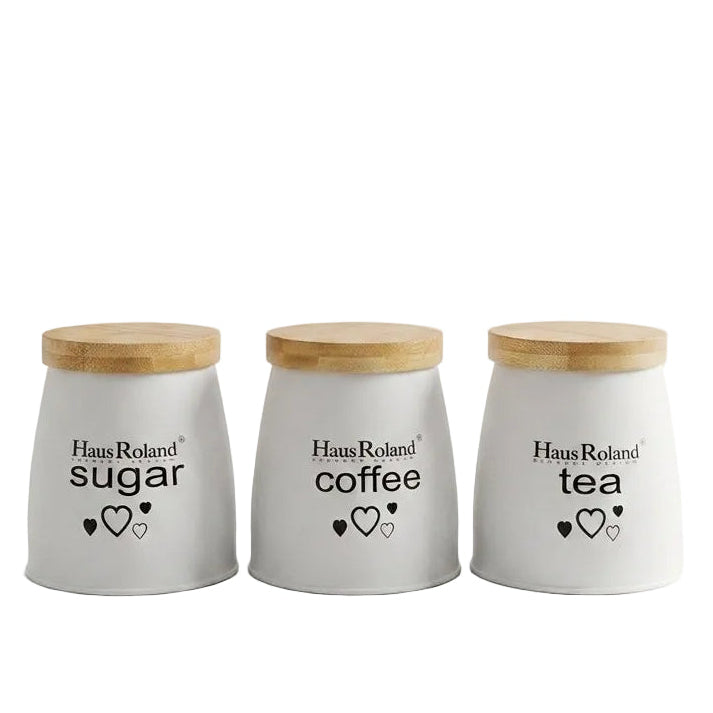 Haus Roland white 3 piece tea coffee and sugar canister set with natural wooden lids