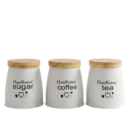 Haus Roland white 3 piece tea coffee and sugar canister set with natural wooden lids