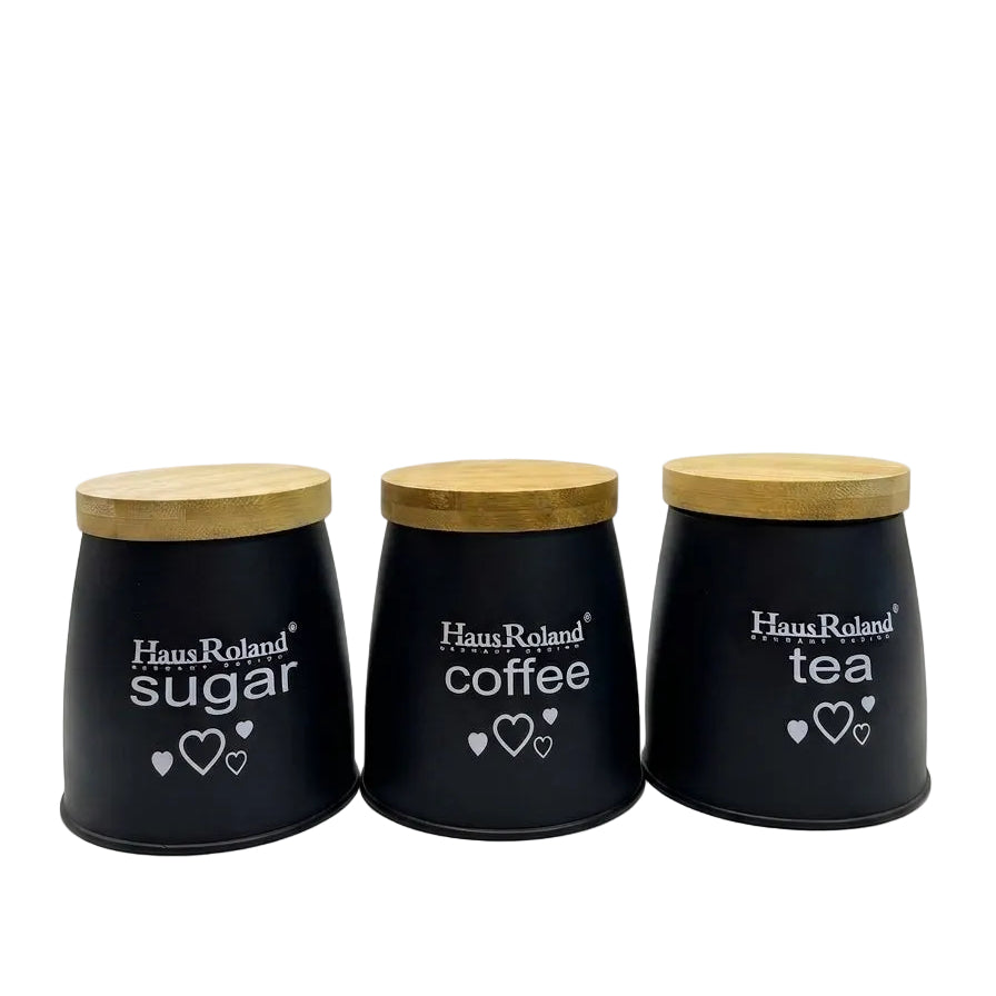 Haus Roland white 3 piece tea coffee and sugar canister set with natural wooden lids