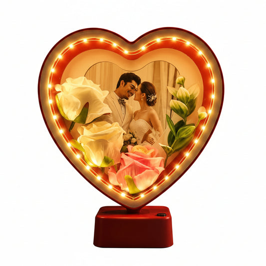 Heart shaped magic mirror showing a clear reflection under warm room lighting