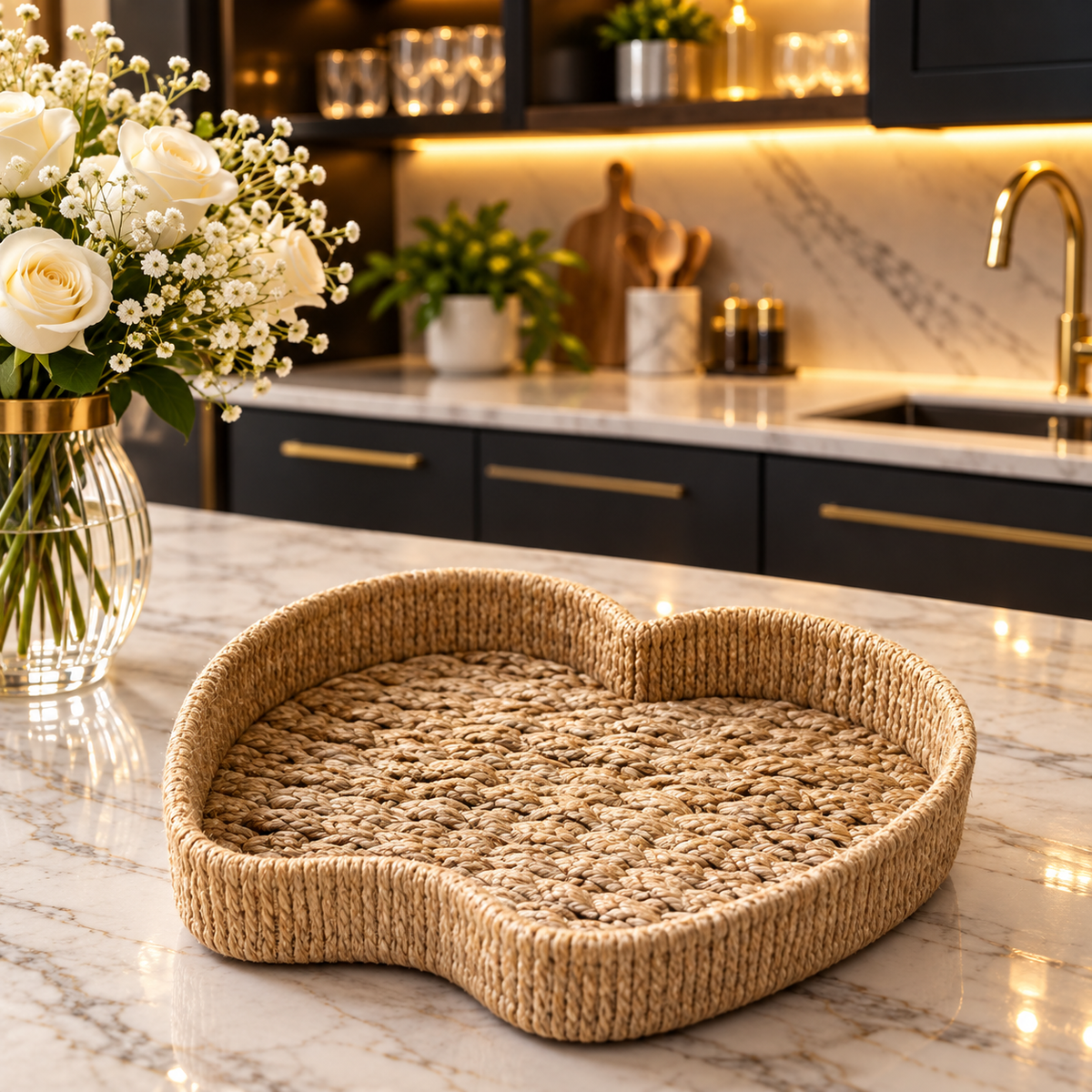 Heart-shaped handwoven wicker tray displayed on a modern kitchen counter
