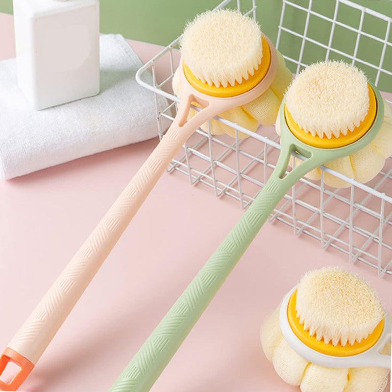 Heavy quality bath brush loofah with long white handle shown against a neutral backdrop