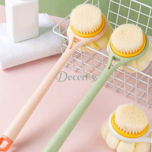 Heavy quality bath brush loofah with long white handle shown against a neutral backdrop