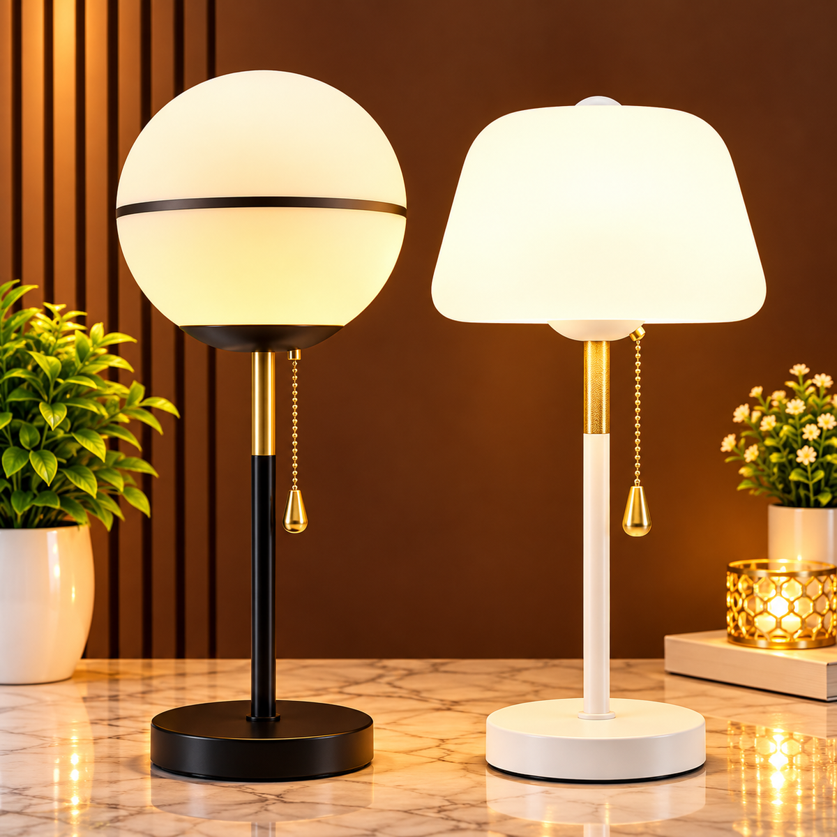 Two modern table lamps on a marble tabletop against a brown slatted wall, one with a spherical white shade and black base, the other with a white dome shade and white base, both with gold pull chains.