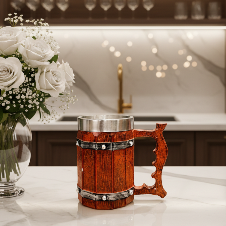 Heritage 500ml wooden barrel mug with rustic finish on table