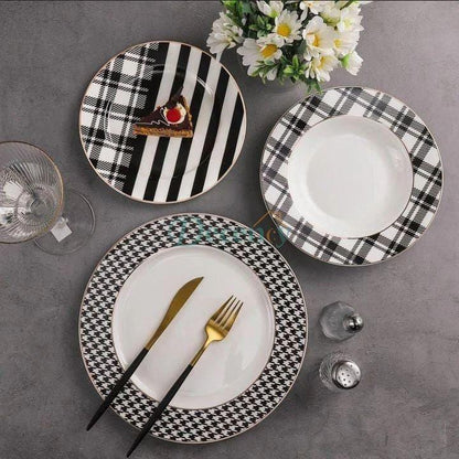 18-Piece Bone China Dinner Set – Black & White Geometric Pattern