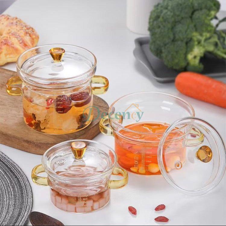 High Borosilicate Glass Mini Cooking Pot Double Handle With Lid Egg Bowl Soup Tureen