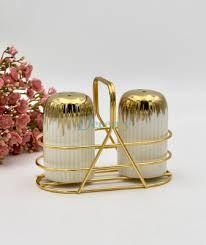 Elegant Glass Salt and Pepper Shaker Set with Stand for Dining Table