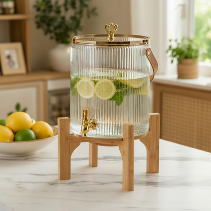 Luxury 5.5L Glass Drink Dispenser with Gold Tap & Wooden Stand