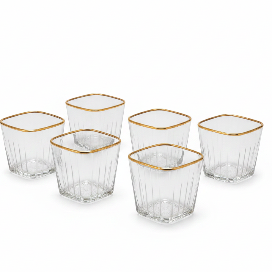 Premium Diamond Cut Gold Rim Drinking Glass Set (6 Pcs)