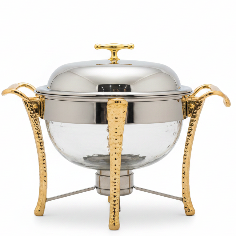 4L Round Hammered Stainless Steel Chafing Dish with Gold Accents