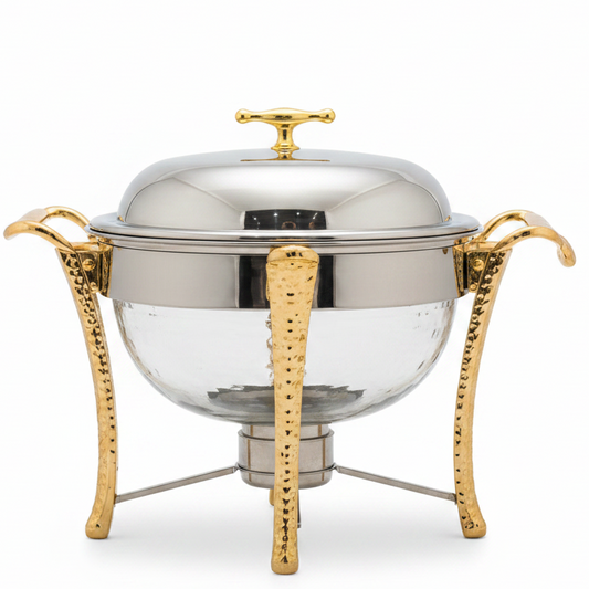4L Round Hammered Stainless Steel Chafing Dish with Gold Accents