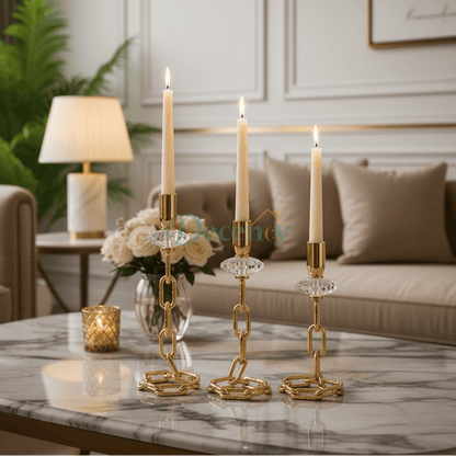 Majestic Gold Chain Crystal Candle Stand Set – 3 Pieces