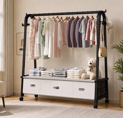 Black heavy-duty movable standing clothes rack with wheels holding jacket hanging on top rail
